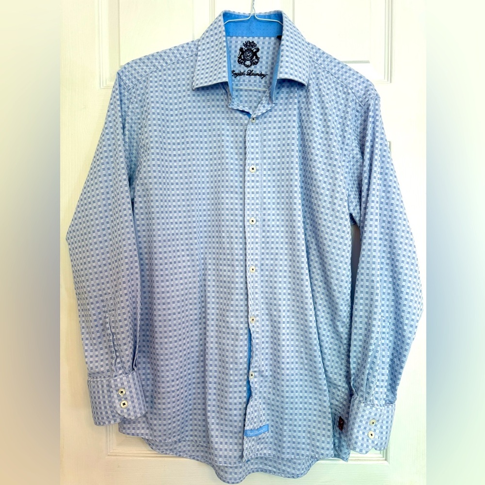ENGLISH LAUNDRY Men's Sz 16.5 34/35 Long Sleeve Button Down Blue Check Shirt